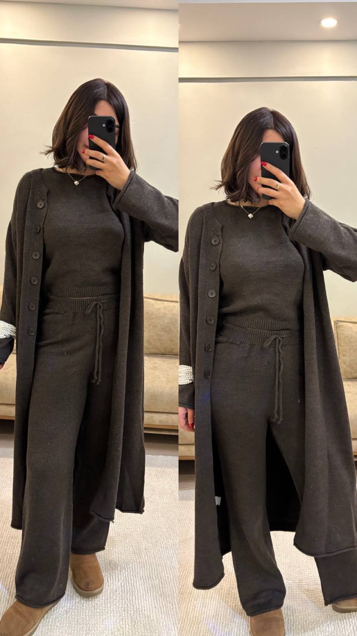 photo_2025-12-02_10-54-47 Женский Теплый Коричневый Костюм Тройка - Кофта с Короткими Рукавами + Длинный Кардиган + Широкие Штаны