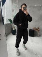 Мужской Теплый Плюшевый Махровый Черный Костюм (Худи + Джоггеры)