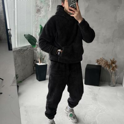 Мужской Теплый Плюшевый Махровый Черный Костюм (Худи + Джоггеры)