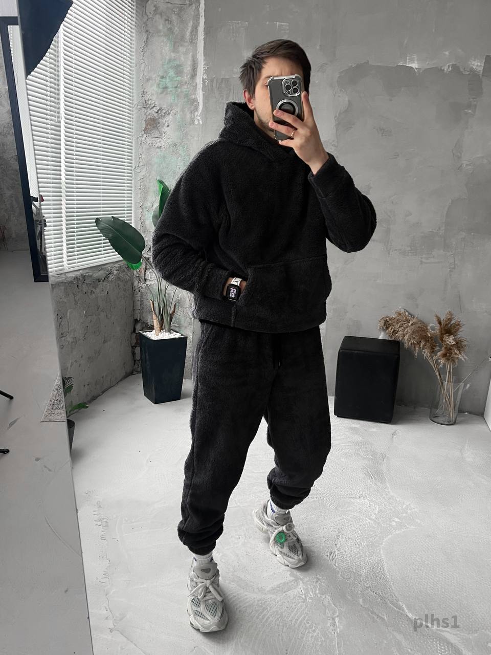 photo_2025-12-02_11-33-01 Мужской Теплый Плюшевый Махровый Черный Костюм (Худи + Джоггеры)