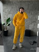 Мужской Теплый Плюшевый Махровый Желтый Костюм (Худи + Джоггеры)