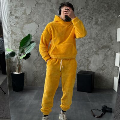 Мужской Теплый Плюшевый Махровый Желтый Костюм (Худи + Джоггеры)
