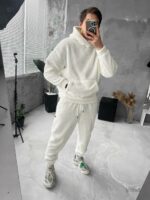 Мужской Теплый Плюшевый Махровый Белый Костюм (Худи + Джоггеры)