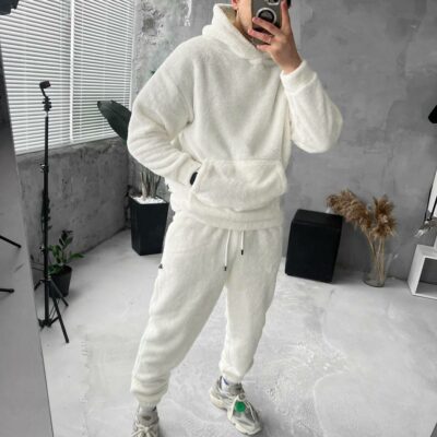 Мужской Теплый Плюшевый Махровый Белый Костюм (Худи + Джоггеры)