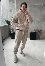Мужской Теплый Плюшевый Махровый Бежевый Костюм (Худи + Джоггеры)
