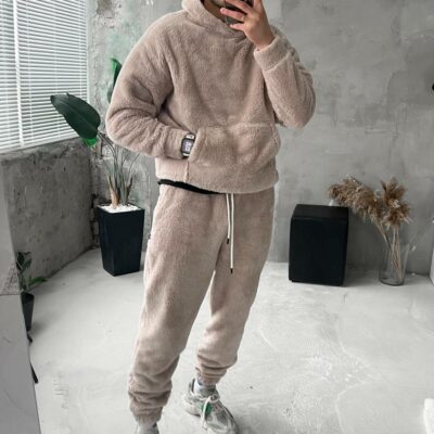 Мужской Теплый Плюшевый Махровый Бежевый Костюм (Худи + Джоггеры)