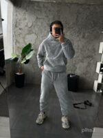 Мужской Теплый Плюшевый Махровый Серый Костюм (Худи + Джоггеры)