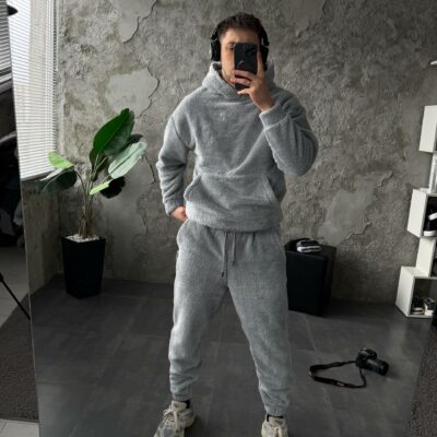 Мужской Теплый Плюшевый Махровый Серый Костюм (Худи + Джоггеры)
