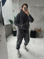 Мужской Теплый Плюшевый Махровый Графитовый Костюм (Худи + Джоггеры)