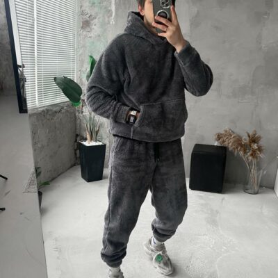Мужской Теплый Плюшевый Махровый Графитовый Костюм (Худи + Джоггеры)