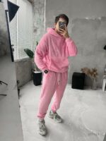 Мужской Теплый Плюшевый Махровый Розовый Костюм (Худи + Джоггеры)