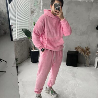 Мужской Теплый Плюшевый Махровый Розовый Костюм (Худи + Джоггеры)