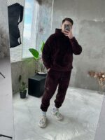 Мужской Теплый Плюшевый Махровый Коричневый Костюм (Худи + Джоггеры)