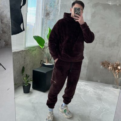 Мужской Теплый Плюшевый Махровый Коричневый Костюм (Худи + Джоггеры)
