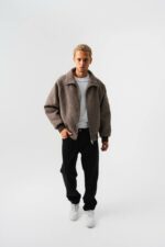 Мужская Демисезонная Кашемировая Коричневая Куртка Бомбер - Свободного Кроя на Молнии с Воротником