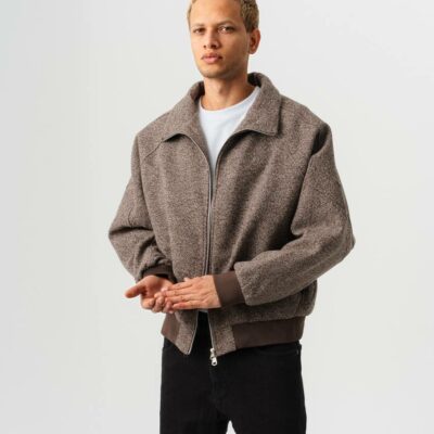 Мужская Демисезонная Кашемировая Коричневая Куртка Бомбер - Свободного Кроя на Молнии с Воротником