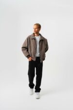 Мужская Демисезонная Кашемировая Коричневая Куртка Бомбер - Свободного Кроя на Молнии с Воротником