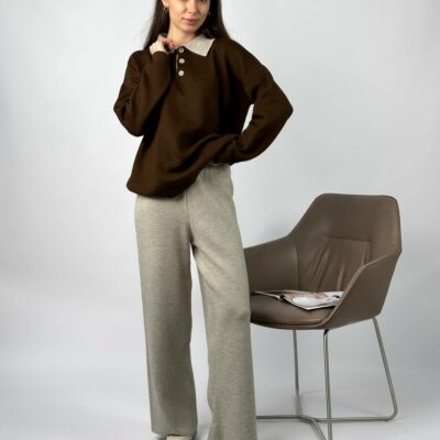 Женский Теплый Коричнево-Бежевый Костюм Свободного Кроя - Кофта Поло + Широкие Штаны