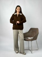 Женский Теплый Коричнево-Бежевый Костюм Свободного Кроя - Кофта Поло + Широкие Штаны