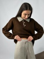 Женский Теплый Коричнево-Бежевый Костюм Свободного Кроя - Кофта Поло + Широкие Штаны