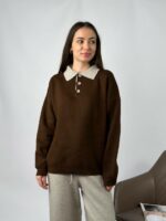 Женский Теплый Коричнево-Бежевый Костюм Свободного Кроя - Кофта Поло + Широкие Штаны