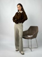 Женский Теплый Коричнево-Бежевый Костюм Свободного Кроя - Кофта Поло + Широкие Штаны