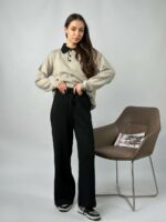 Женский Теплый Черно-Бежевый Костюм Свободного Кроя - Кофта Поло + Широкие Штаны