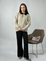 Женский Теплый Черно-Бежевый Костюм Свободного Кроя - Кофта Поло + Широкие Штаны