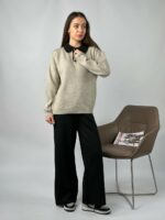 Женский Теплый Черно-Бежевый Костюм Свободного Кроя - Кофта Поло + Широкие Штаны