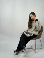 Женский Теплый Черно-Бежевый Костюм Свободного Кроя - Кофта Поло + Широкие Штаны