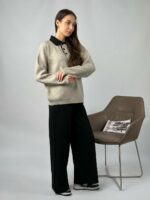 Женский Теплый Черно-Бежевый Костюм Свободного Кроя - Кофта Поло + Широкие Штаны