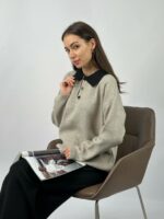 Женский Теплый Черно-Бежевый Костюм Свободного Кроя - Кофта Поло + Широкие Штаны