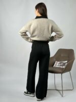 Женский Теплый Черно-Бежевый Костюм Свободного Кроя - Кофта Поло + Широкие Штаны