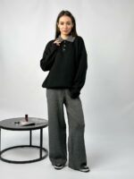 Женский Теплый Графитово-Черный Костюм Свободного Кроя - Кофта Поло + Широкие Штаны