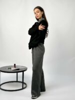 Женский Теплый Графитово-Черный Костюм Свободного Кроя - Кофта Поло + Широкие Штаны