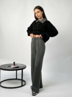 Женский Теплый Графитово-Черный Костюм Свободного Кроя - Кофта Поло + Широкие Штаны