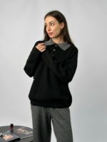 Женский Теплый Графитово-Черный Костюм Свободного Кроя - Кофта Поло + Широкие Штаны