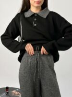 Женский Теплый Графитово-Черный Костюм Свободного Кроя - Кофта Поло + Широкие Штаны