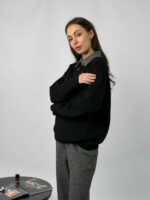 Женский Теплый Графитово-Черный Костюм Свободного Кроя - Кофта Поло + Широкие Штаны