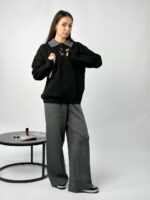 Женский Теплый Графитово-Черный Костюм Свободного Кроя - Кофта Поло + Широкие Штаны