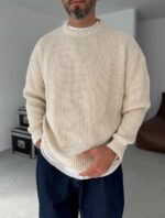 Мужской Базовый Вязаный Бежевый Свитер Хлопок Оверсайз