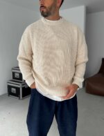 Мужской Базовый Вязаный Бежевый Свитер Хлопок Оверсайз