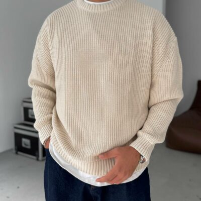 Мужской Базовый Вязаный Бежевый Свитер Хлопок Оверсайз