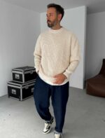Мужской Базовый Вязаный Бежевый Свитер Хлопок Оверсайз