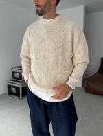 Мужской Базовый Вязаный Бежевый Свитер Хлопок Оверсайз