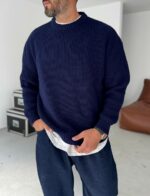 Мужской Базовый Вязаный Темно-Синий Свитер Хлопок Оверсайз