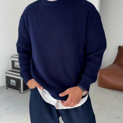 Мужской Базовый Вязаный Темно-Синий Свитер Хлопок Оверсайз
