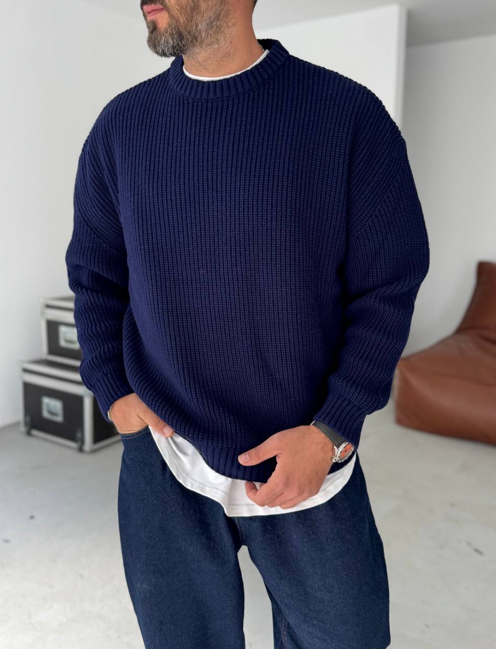 photo_2025-12-03_18-24-22 (2) Мужской Базовый Вязаный Темно-Синий Свитер Хлопок Оверсайз