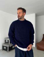 Мужской Базовый Вязаный Темно-Синий Свитер Хлопок Оверсайз