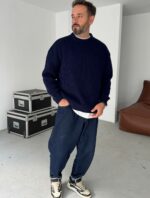 Мужской Базовый Вязаный Темно-Синий Свитер Хлопок Оверсайз